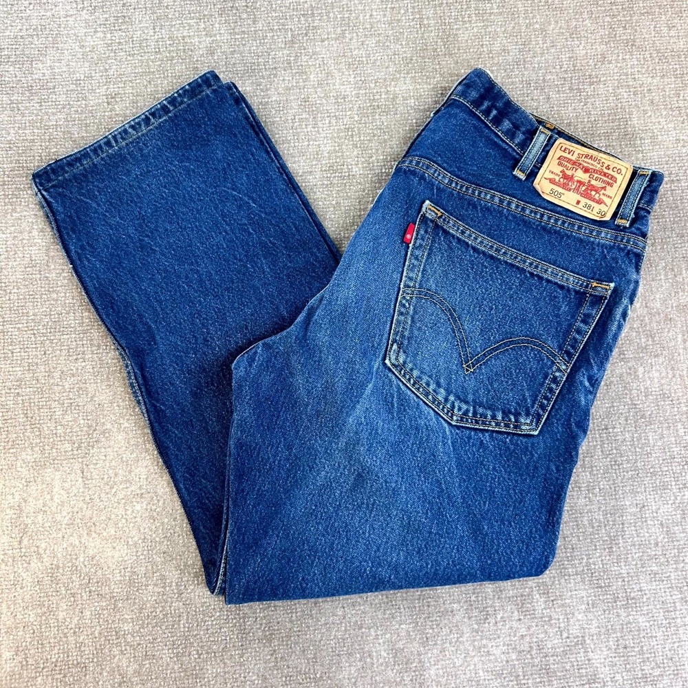 Levis 505 Regular Fit Jeans Mens 38x30 Blue Denim Cotton Dark Wash Straight Leg‎